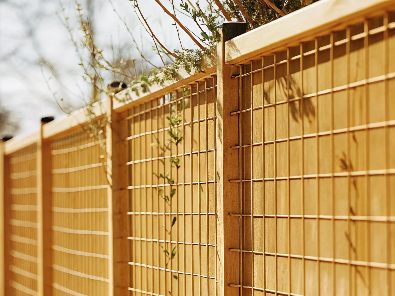 Färdigt armeringsnätsstaket i trädgård