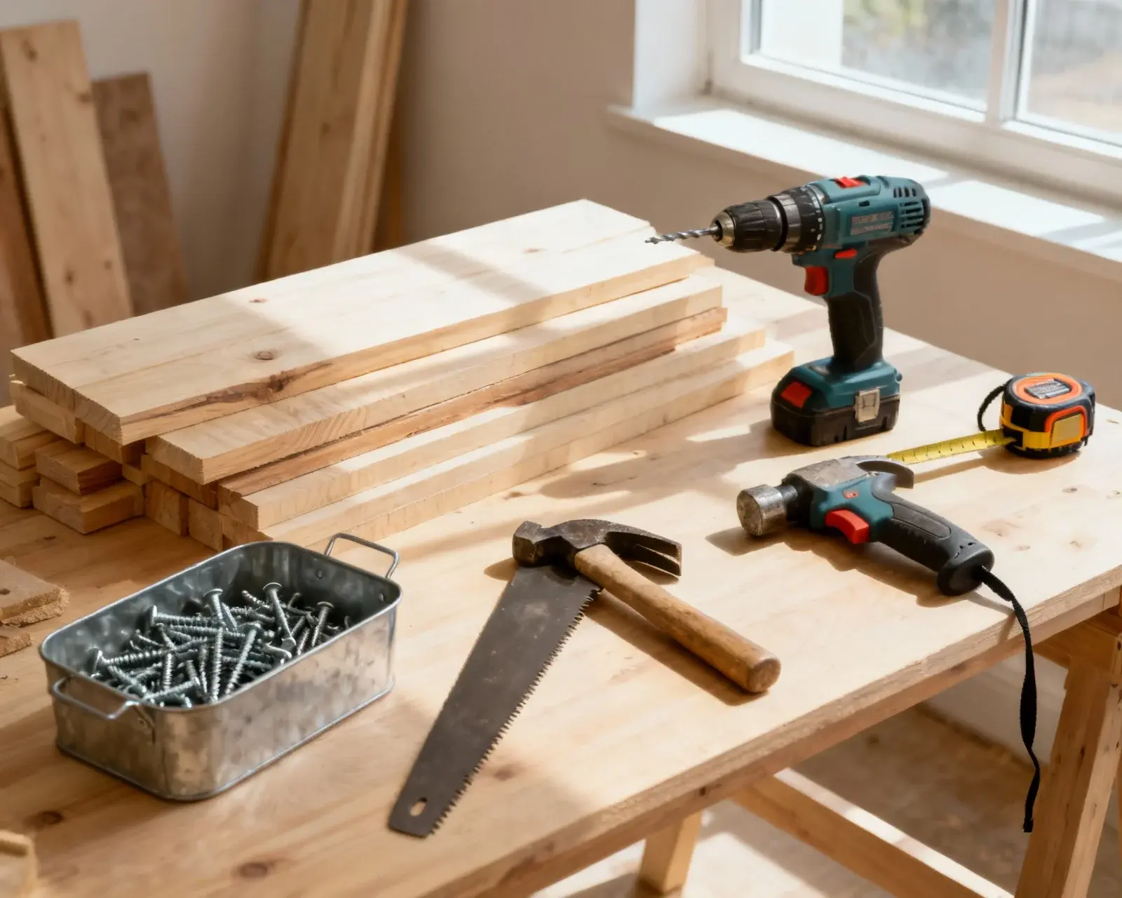Verktyg och material för altanbygge