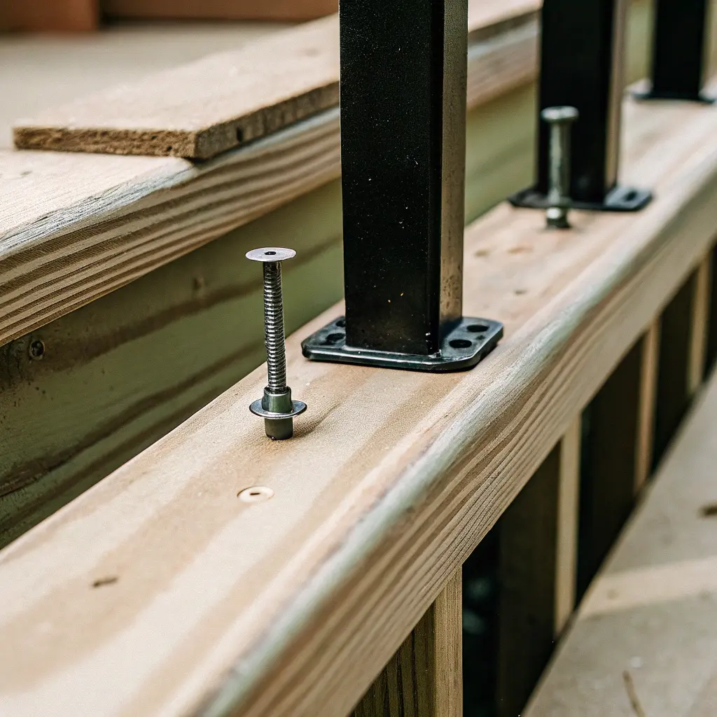 Detaljbild av monteringshårdvara och skruvar för altanräcke