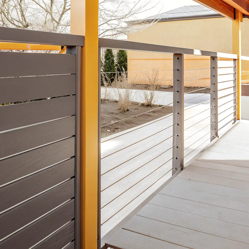 Modernt altanräcke med composite och metalldetaljer