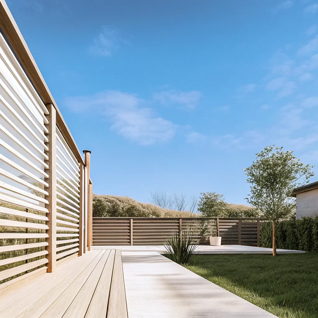 Horisontellt altanräcke i ljust trä mot svensk trädgård