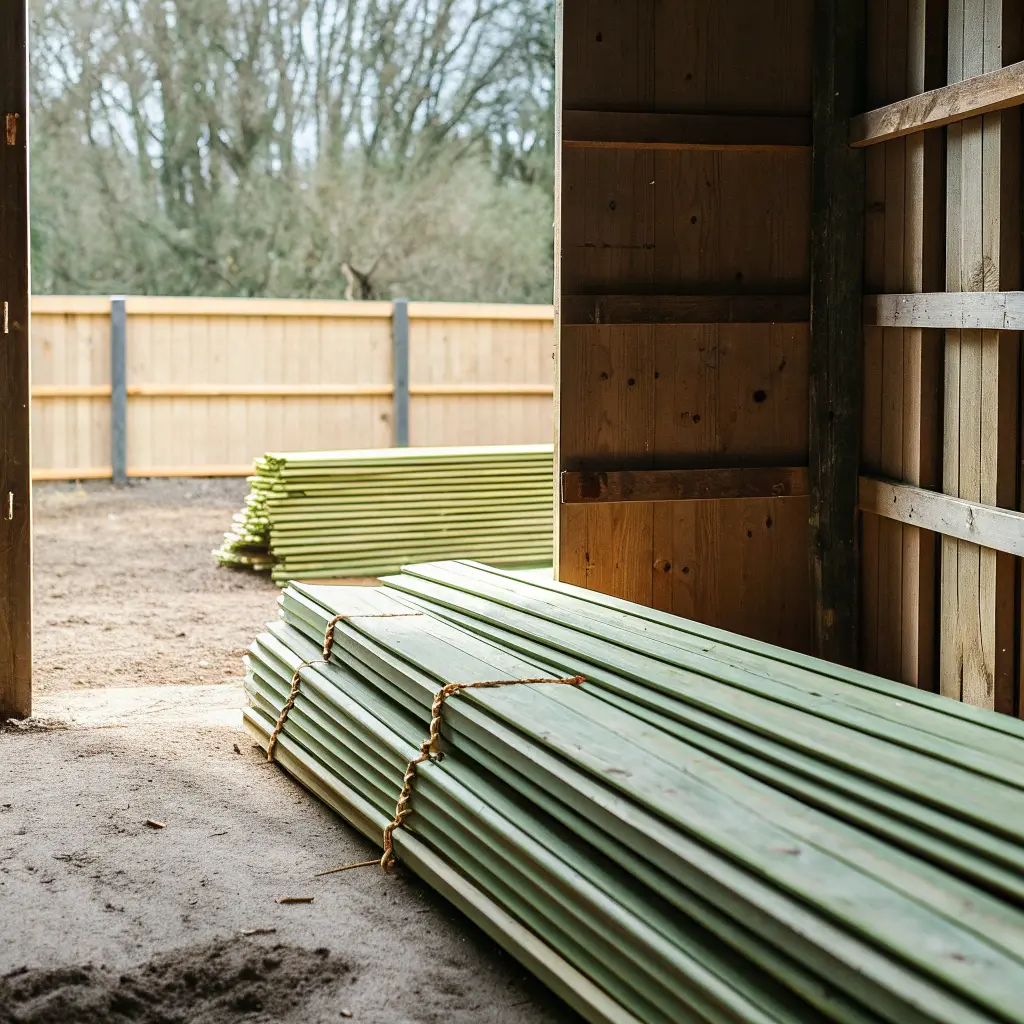 Tryckimpregnerat staketmaterial upplagt