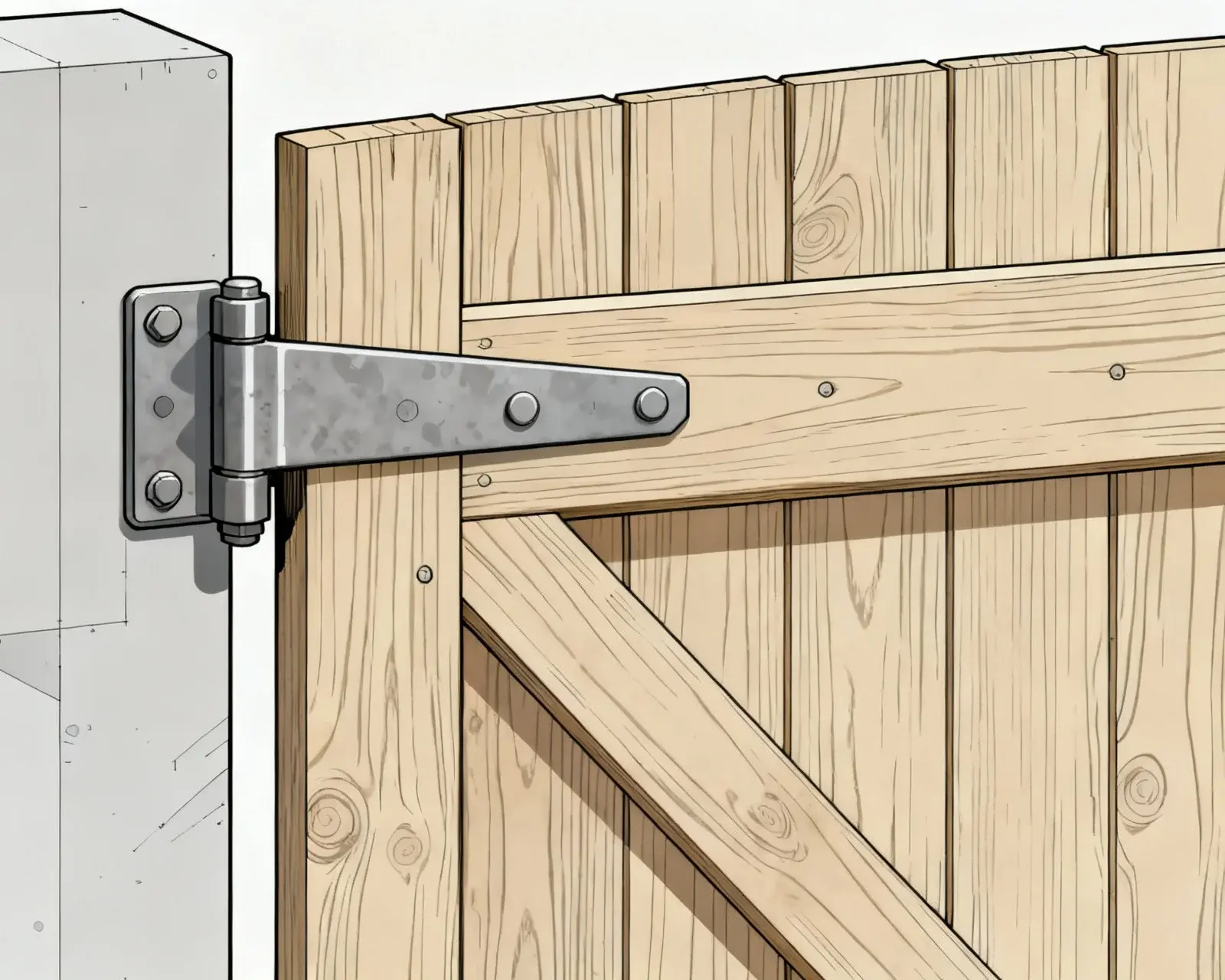 Gångjärn och beslag för horisontell grind