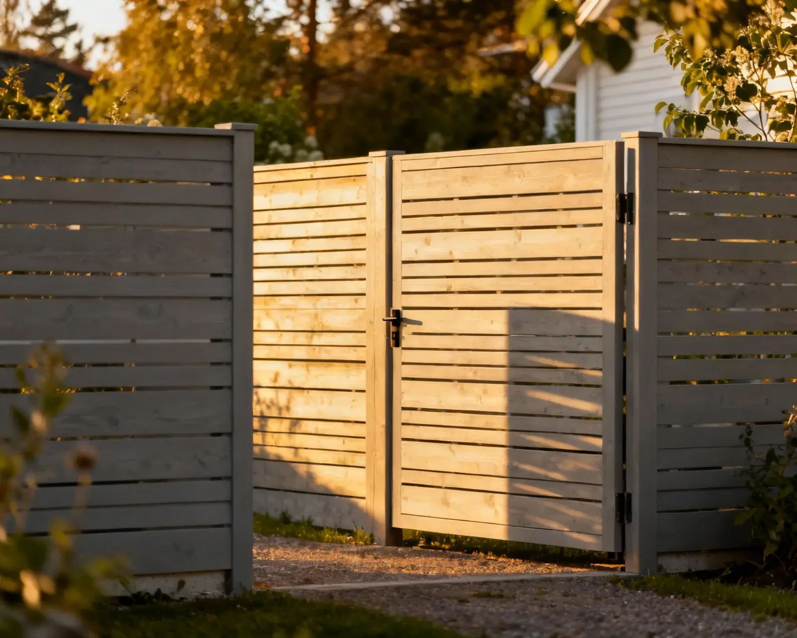 Modern grind med liggande ribbor i skandinavisk stil