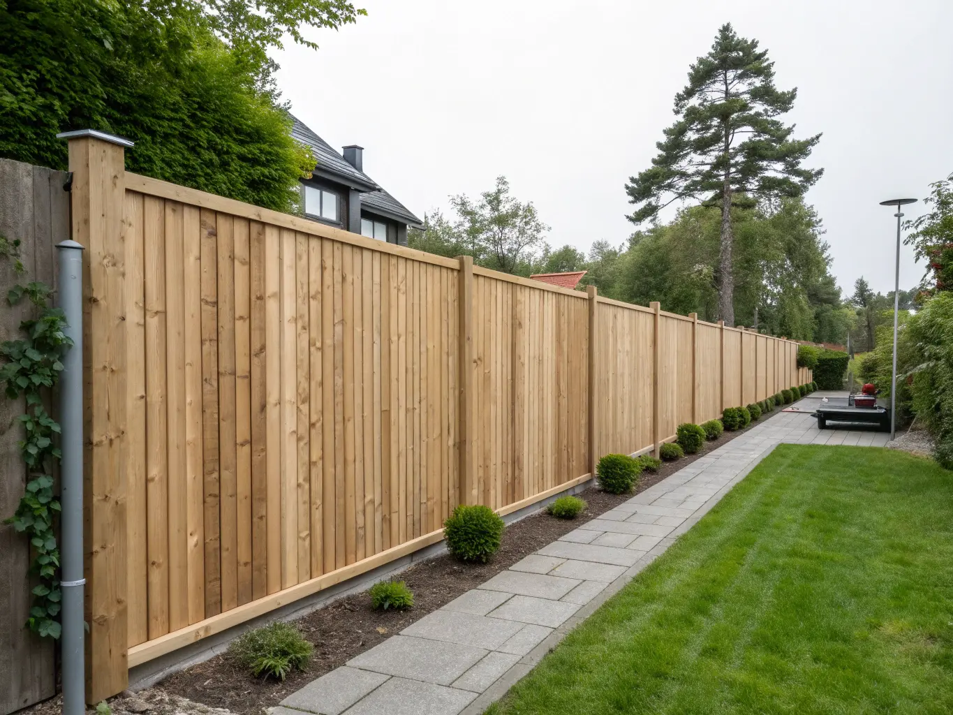 Högt staket i modern svensk trädgård