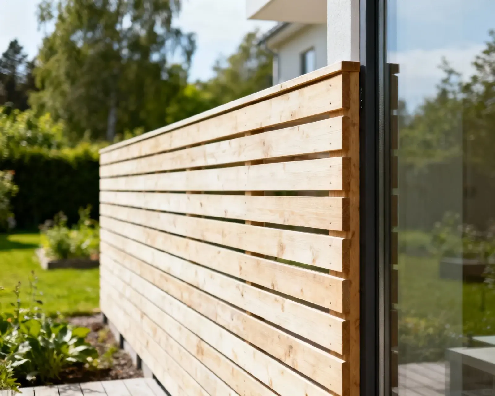 Modernt horisontellt staket i svensk trädgård