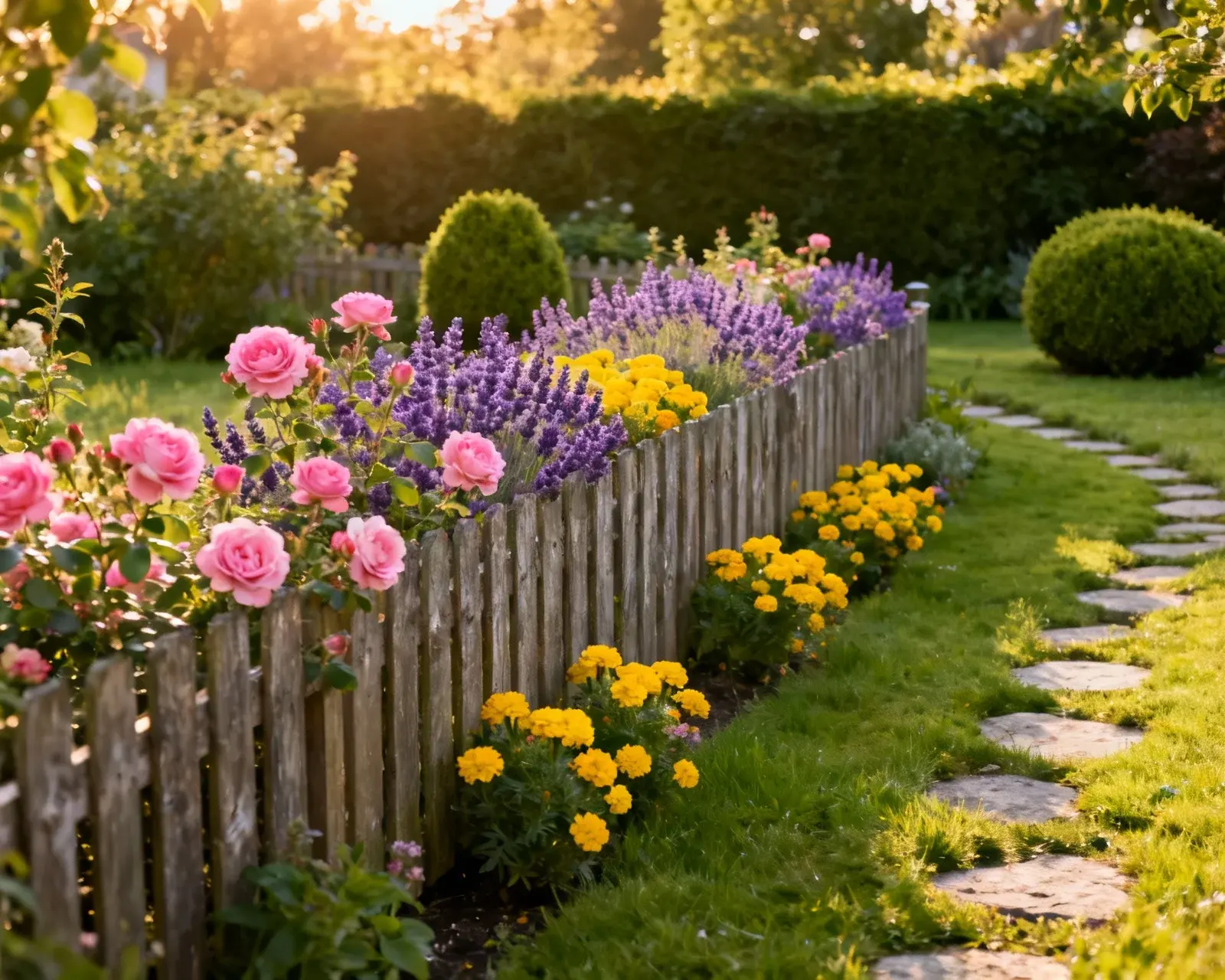 Lågt staket som trädgårdsgräns med blommor