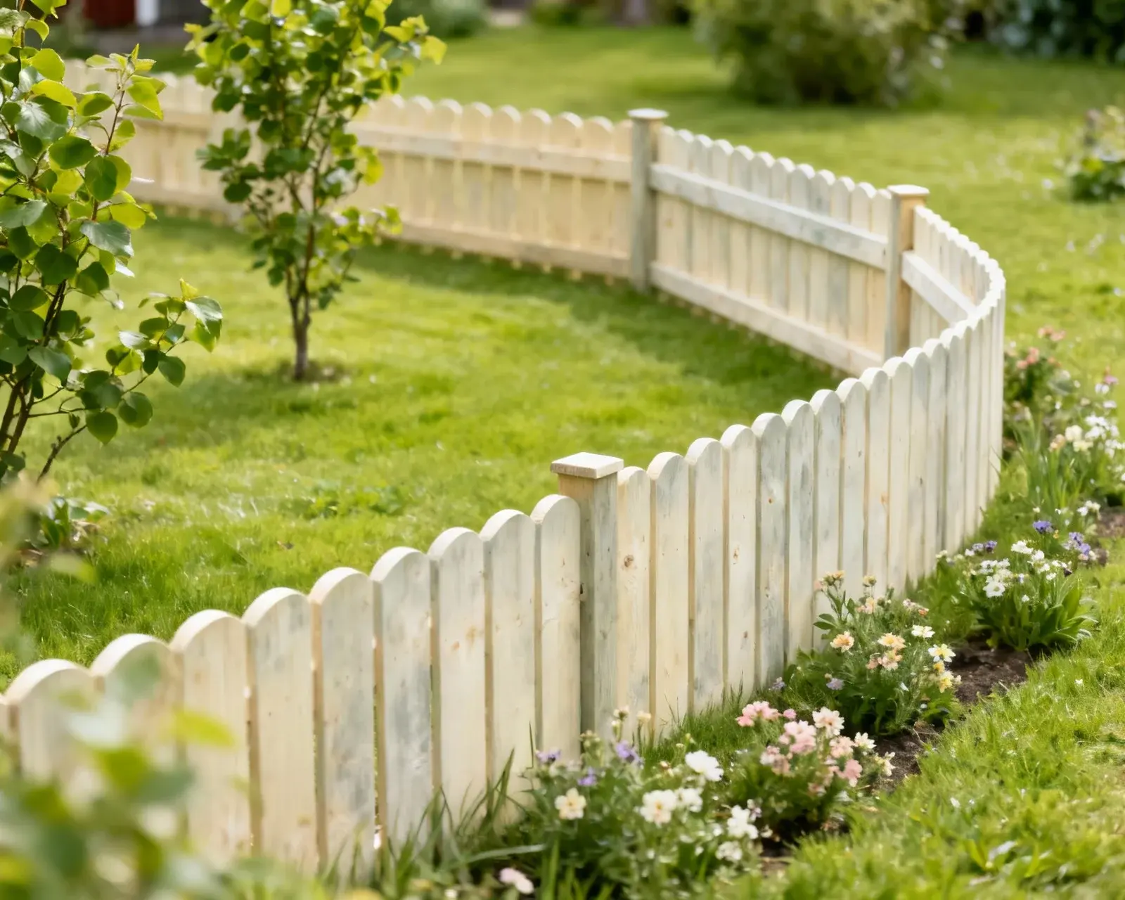 Färdigt lågt staket i svensk trädgård