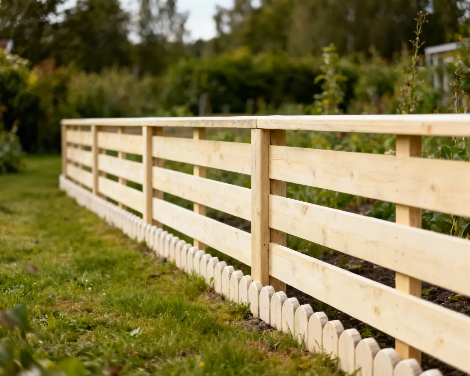 Vackert lågt staket i skandinavisk trädgård