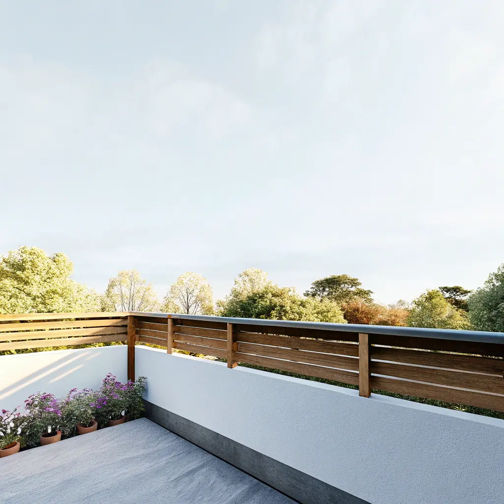 Upphöjd altan med träräcke och trädgårdsvy