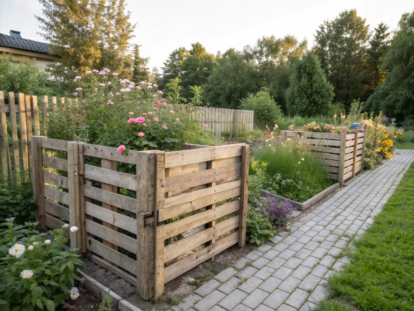 Rustikt pallstaket i trädgård med blommor