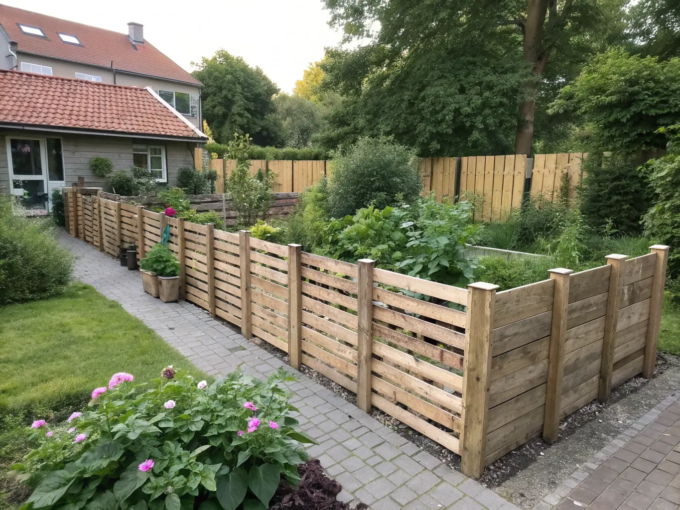 Färdigmonterat pallstaket i trädgård