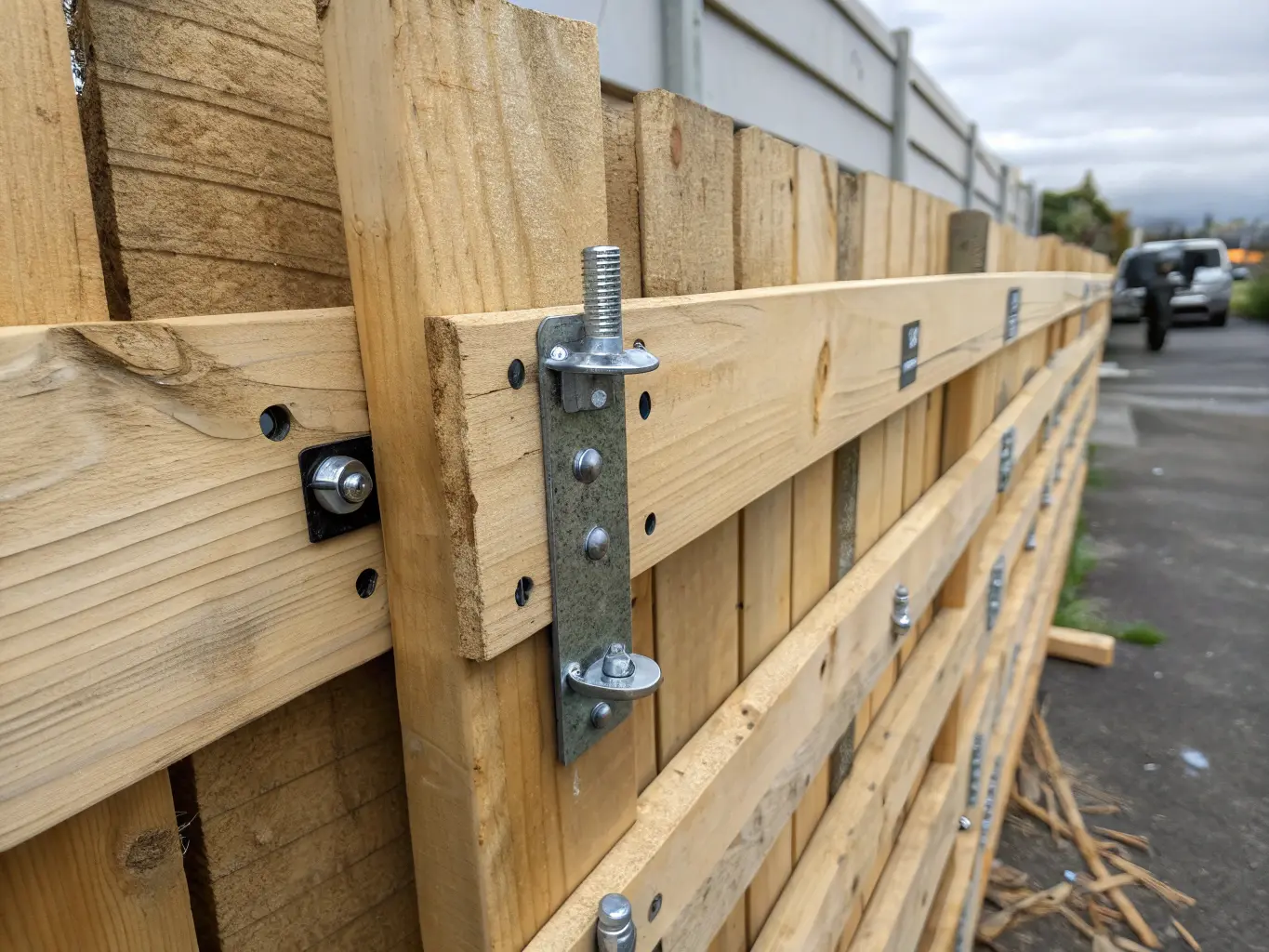 Närbild på pallstakets monteringsteknik med skruvar