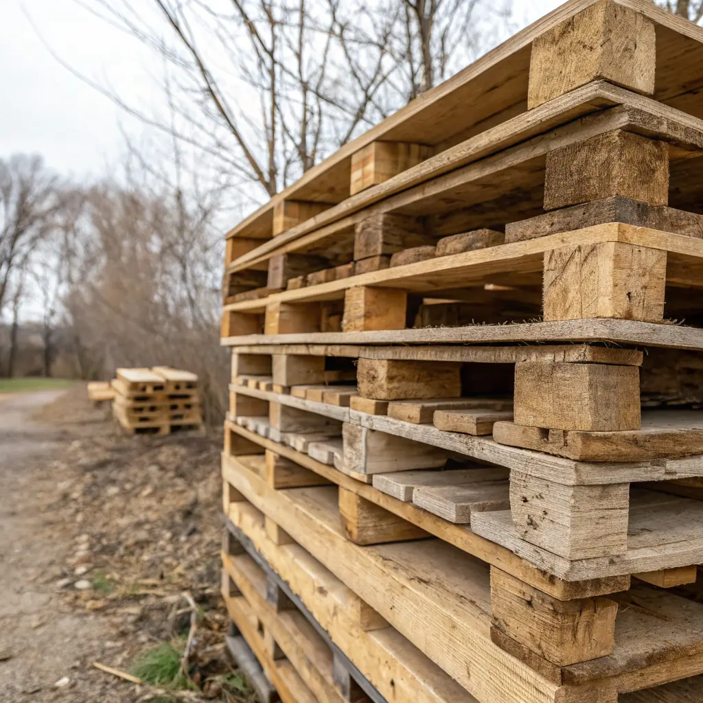 Stack av lastpallar redo för staketbygge
