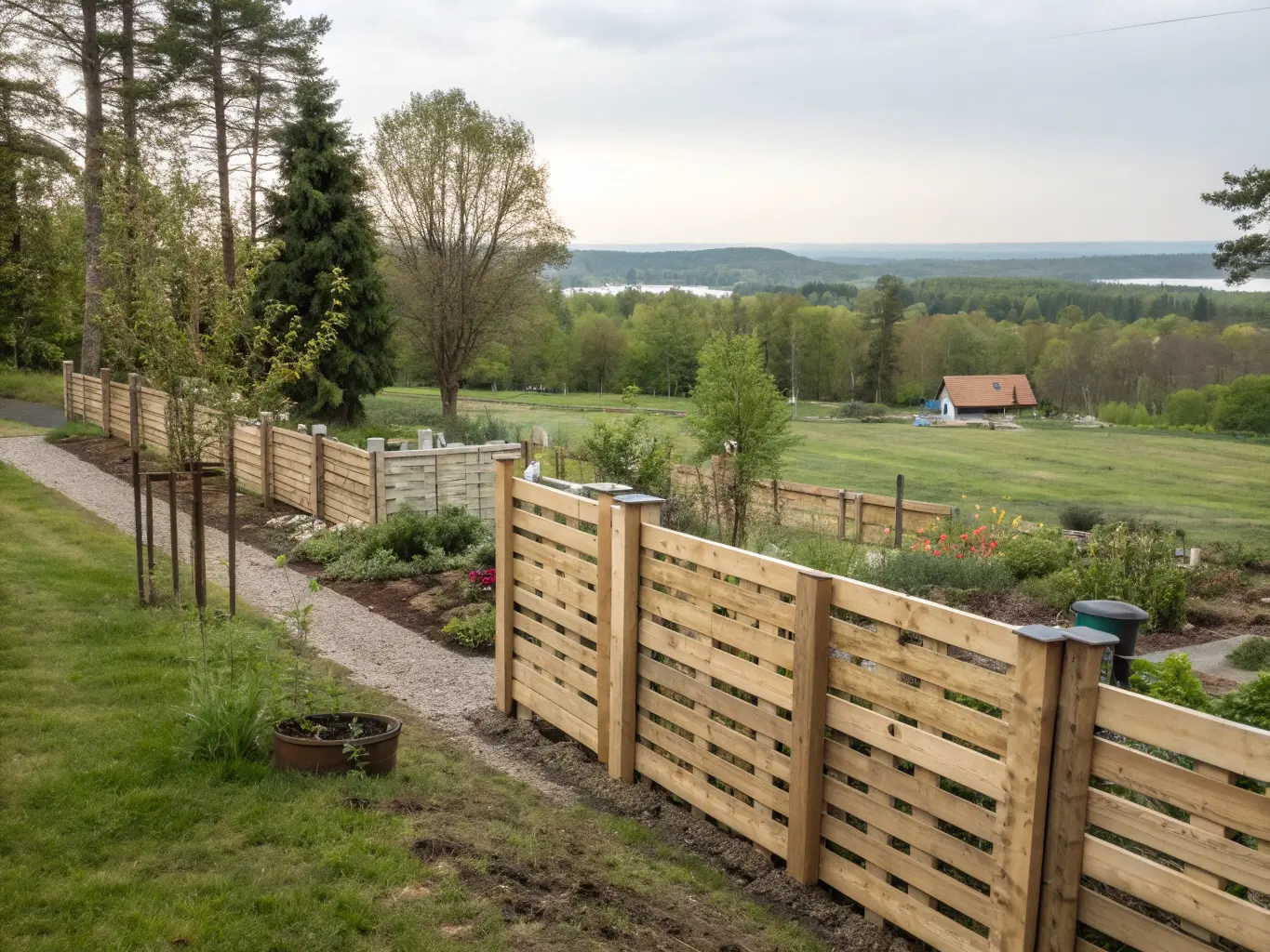 Vackert staket byggt av lastpallar i svensk trädgård