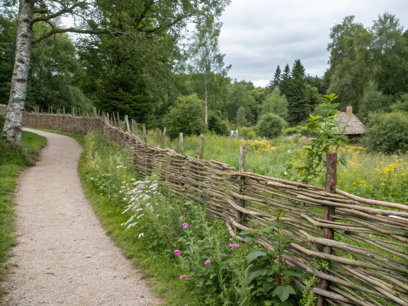 Traditionellt pinnstaket i skandinavisk trädgård