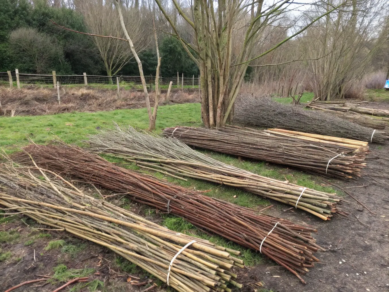 Olika typer av grenaterial sorterat för staketbygge