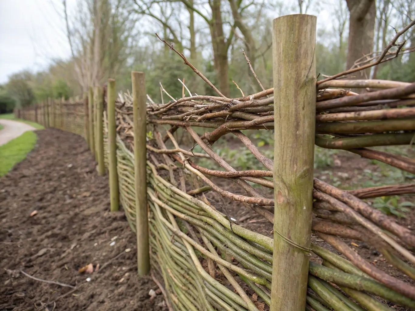 Närbild på flätningsteknik mellan stolpar
