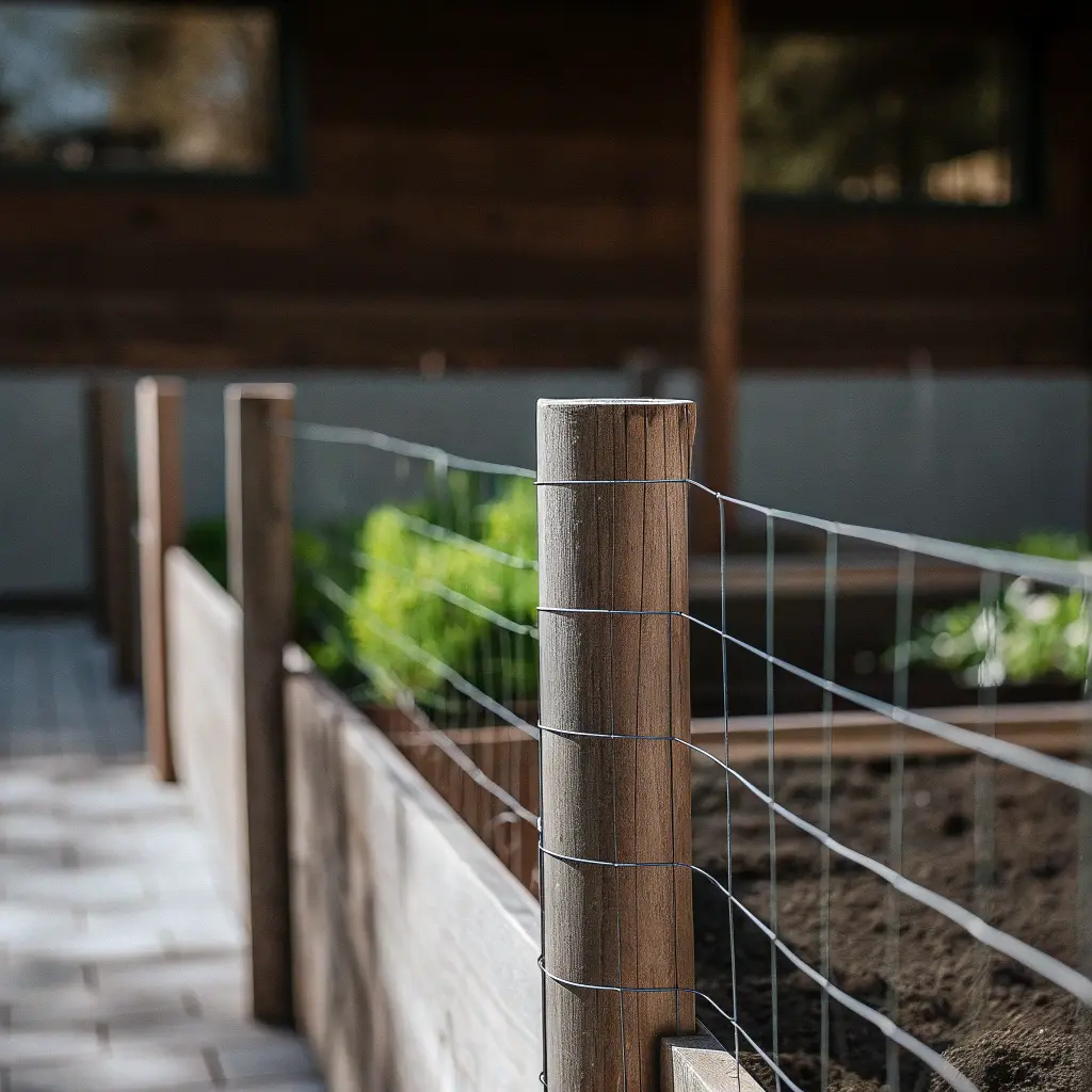 Stålnät fäst på träpålar