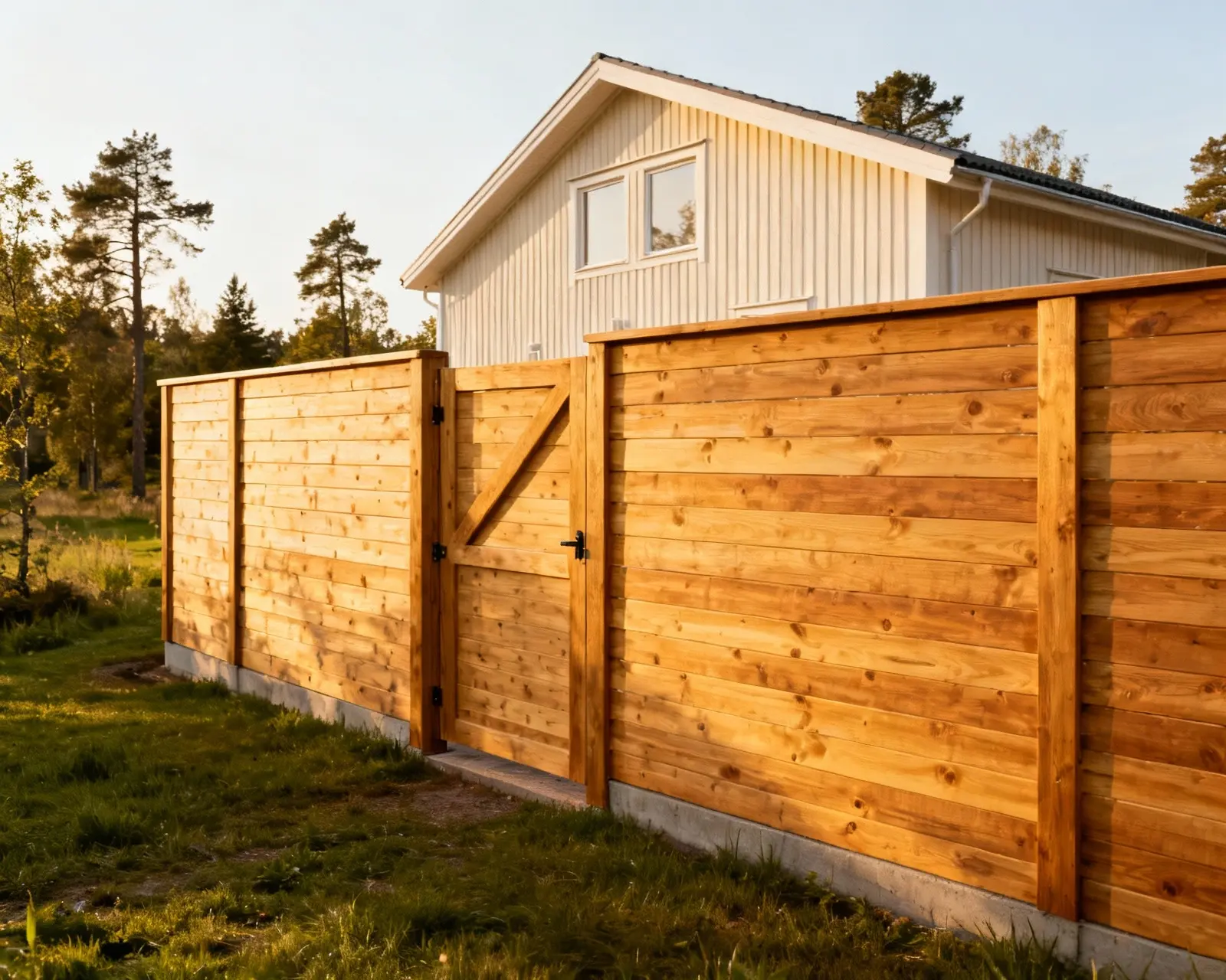 Färdigt staket med grind från annat perspektiv