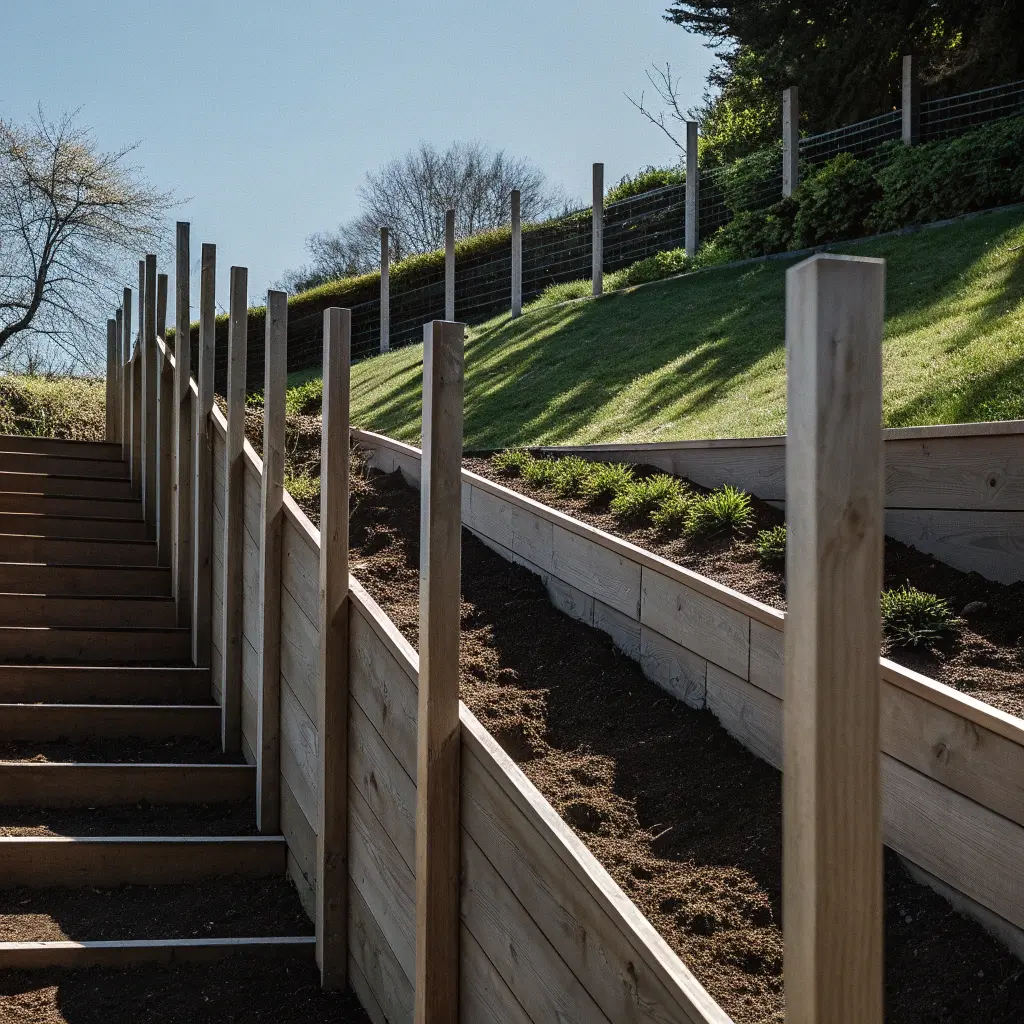 Staket byggt i backe med trappstegsdesign