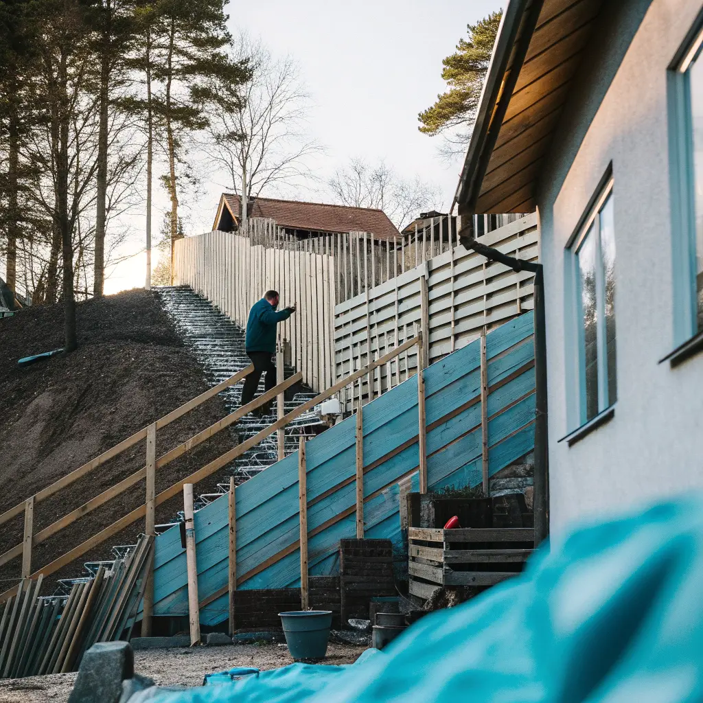 Arbetare installerar staket på sluttande mark