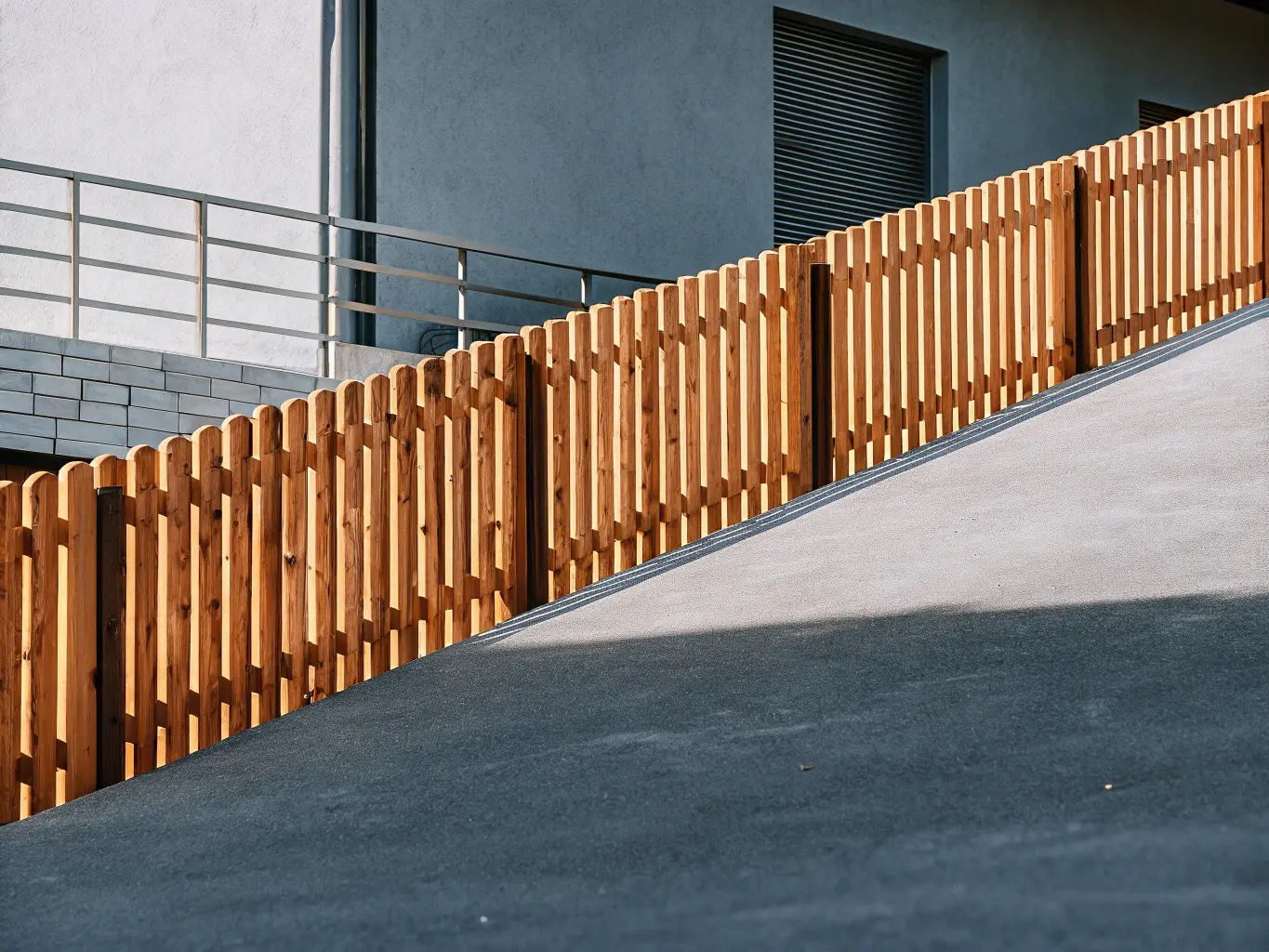 Lutande staket som följer markens sluttning