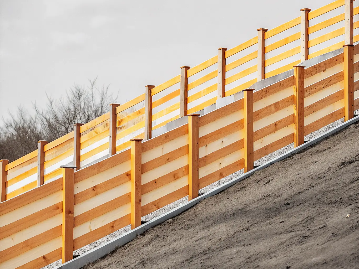 Stegat staket med horisontella sektioner på sluttning