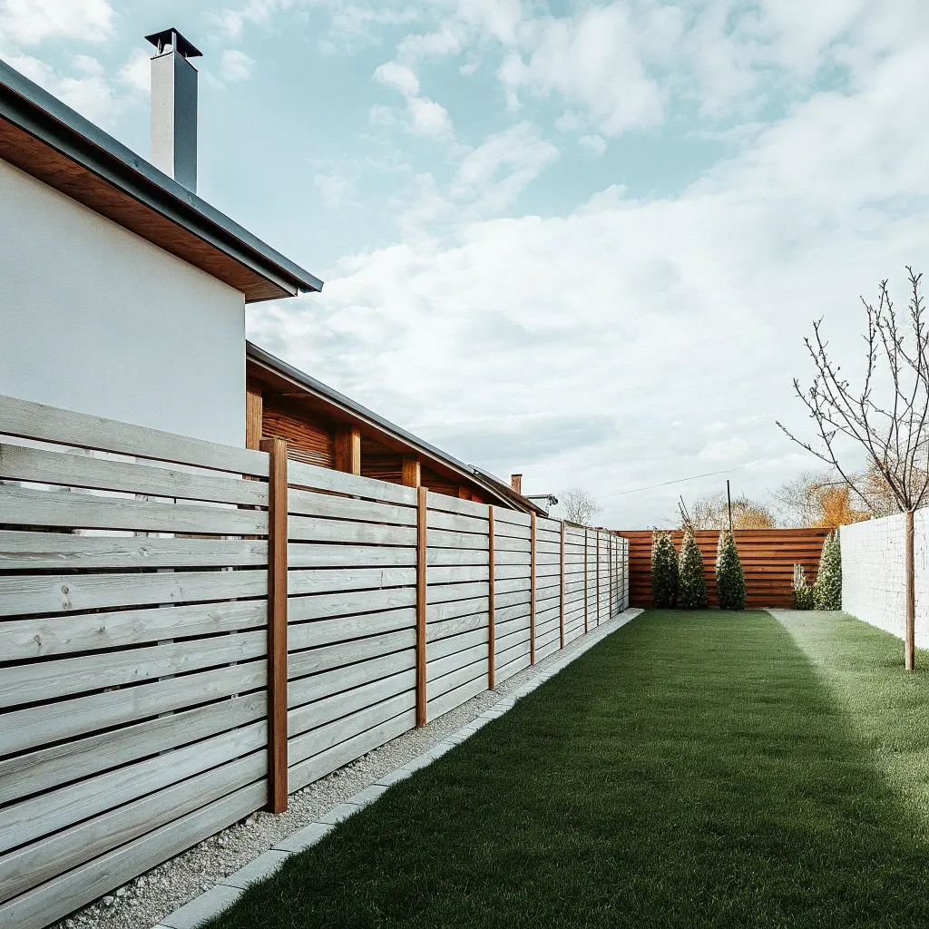 Färdigt horisontellt staket i svensk trädgård