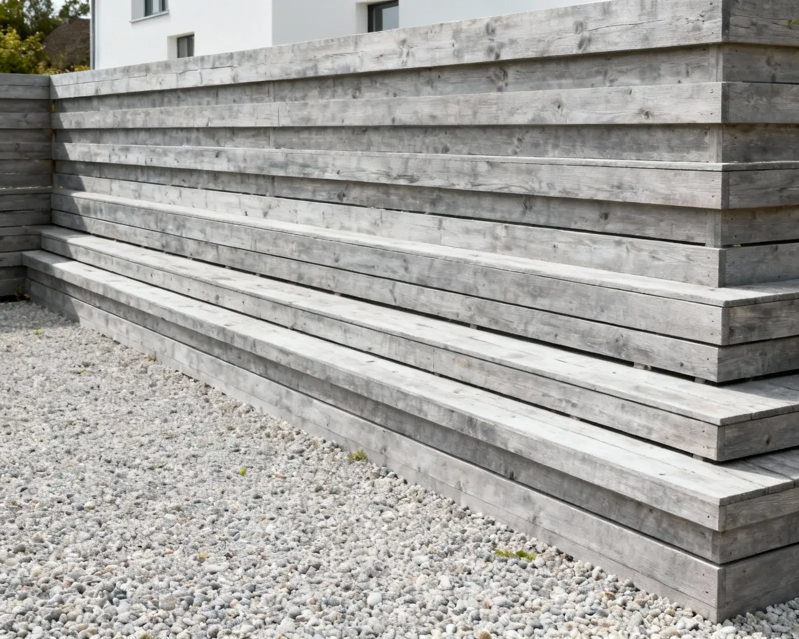 Modernt staket med liggande ribbor i svensk trädgård