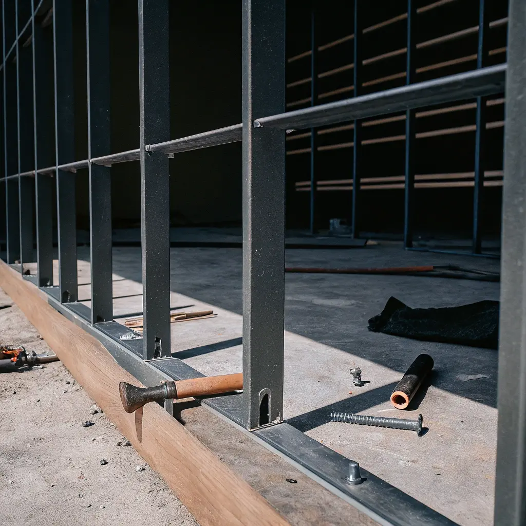 Staketmontage med verktyg på plats, inga personer synliga