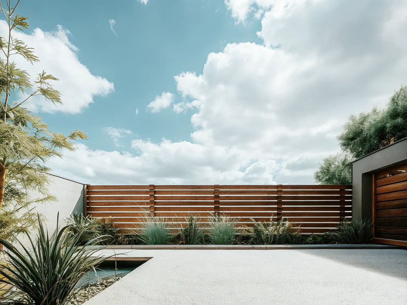 Staket med liggande ribbor i trädgård