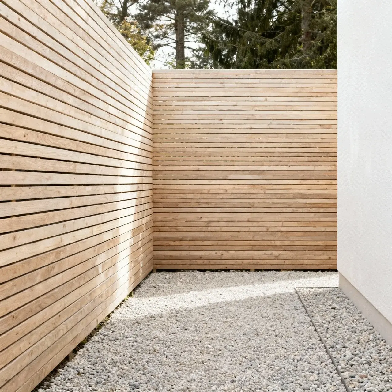 Modern trädgård med horisontellt staket