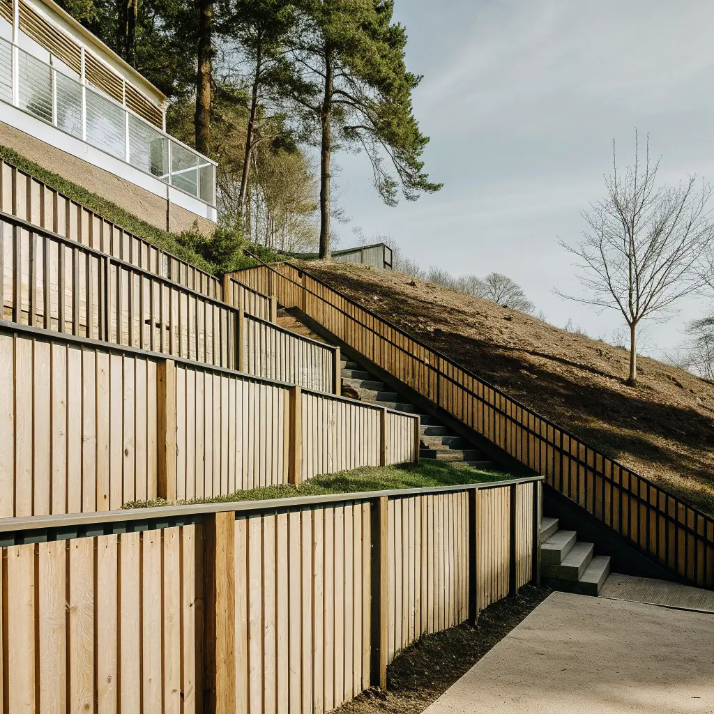 Färdigt terrasserat staket på sluttande svensk tomt