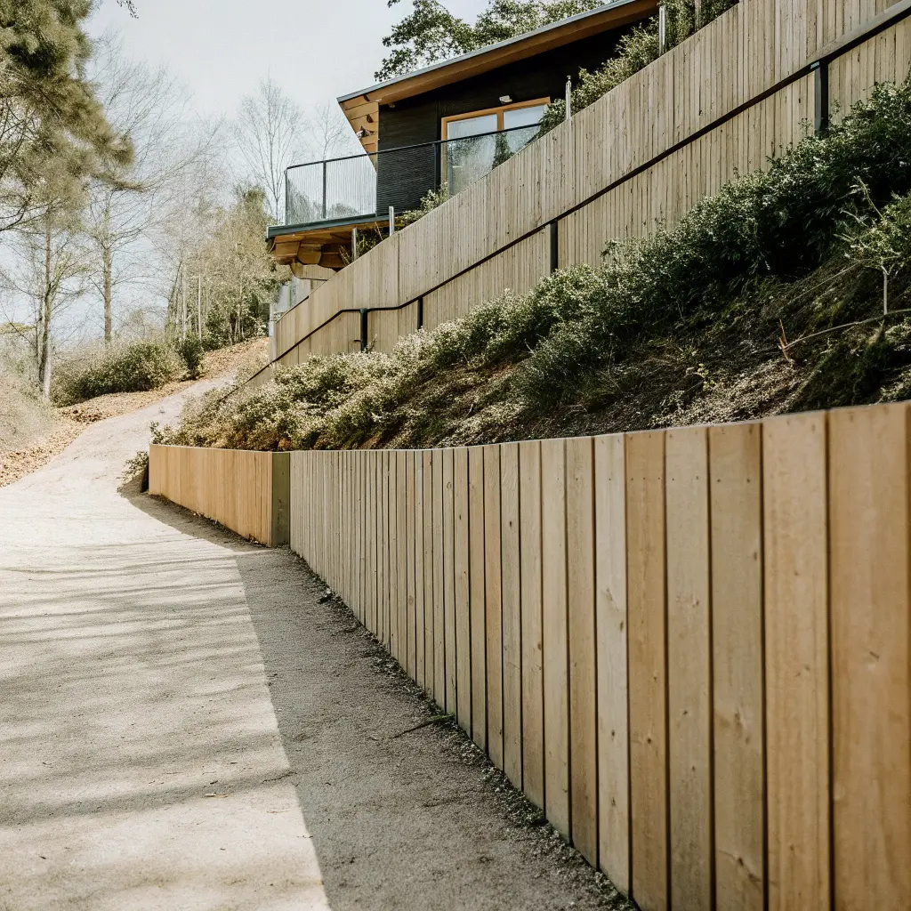 Staket på sluttande tomt med terrasserad konstruktion