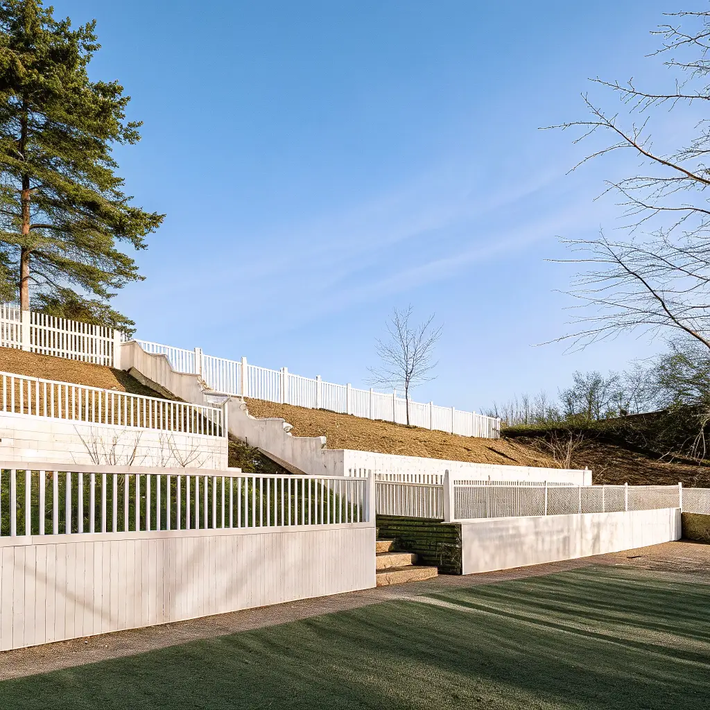 Terrasserat staket med stegvis nivåförändring