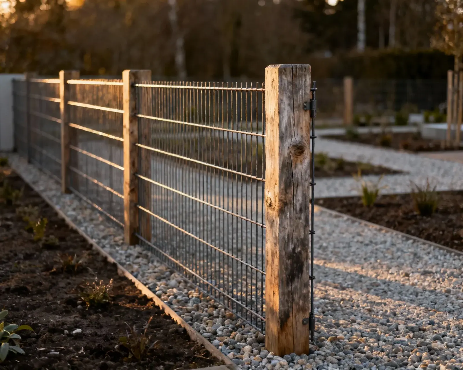 Färdigt staket med armeringsjärn i trädgård