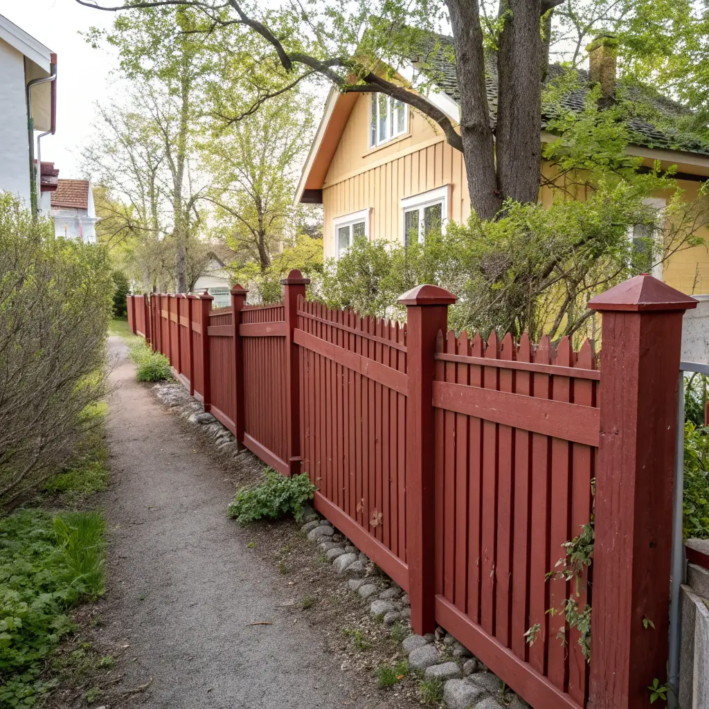 Rött svenskt staket mellan fastigheter