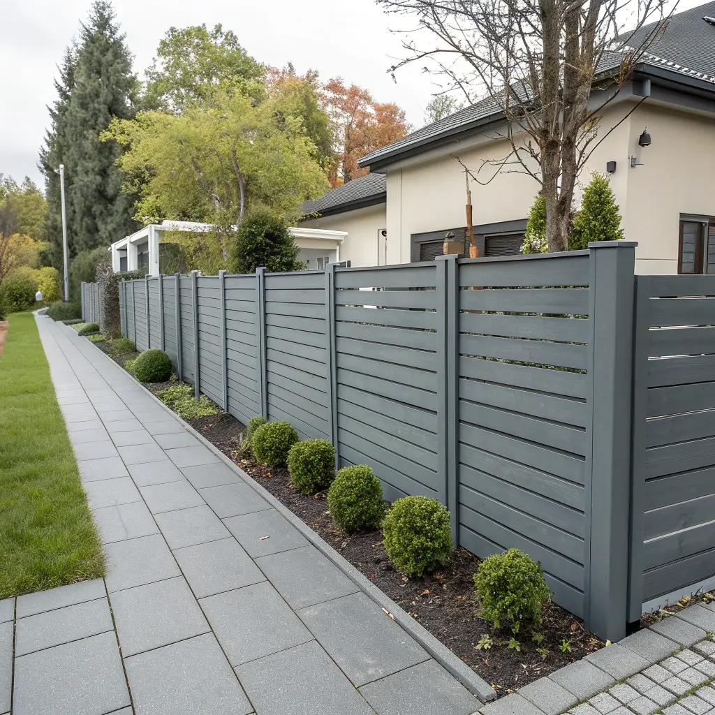 Modernt grått staket vid tomtgräns