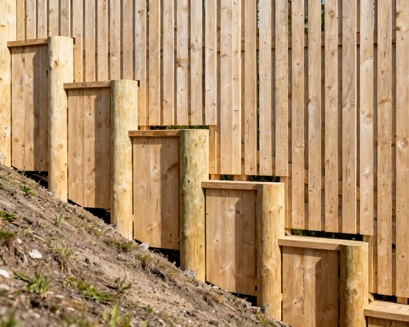 Stegvis staketinstallation på sluttande kuperad mark