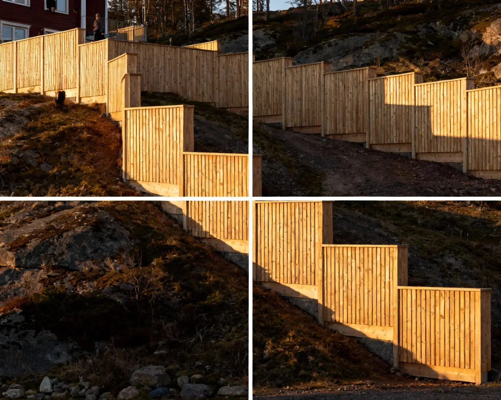 Färdigbyggt staket på ojämn mark från annan vinkel