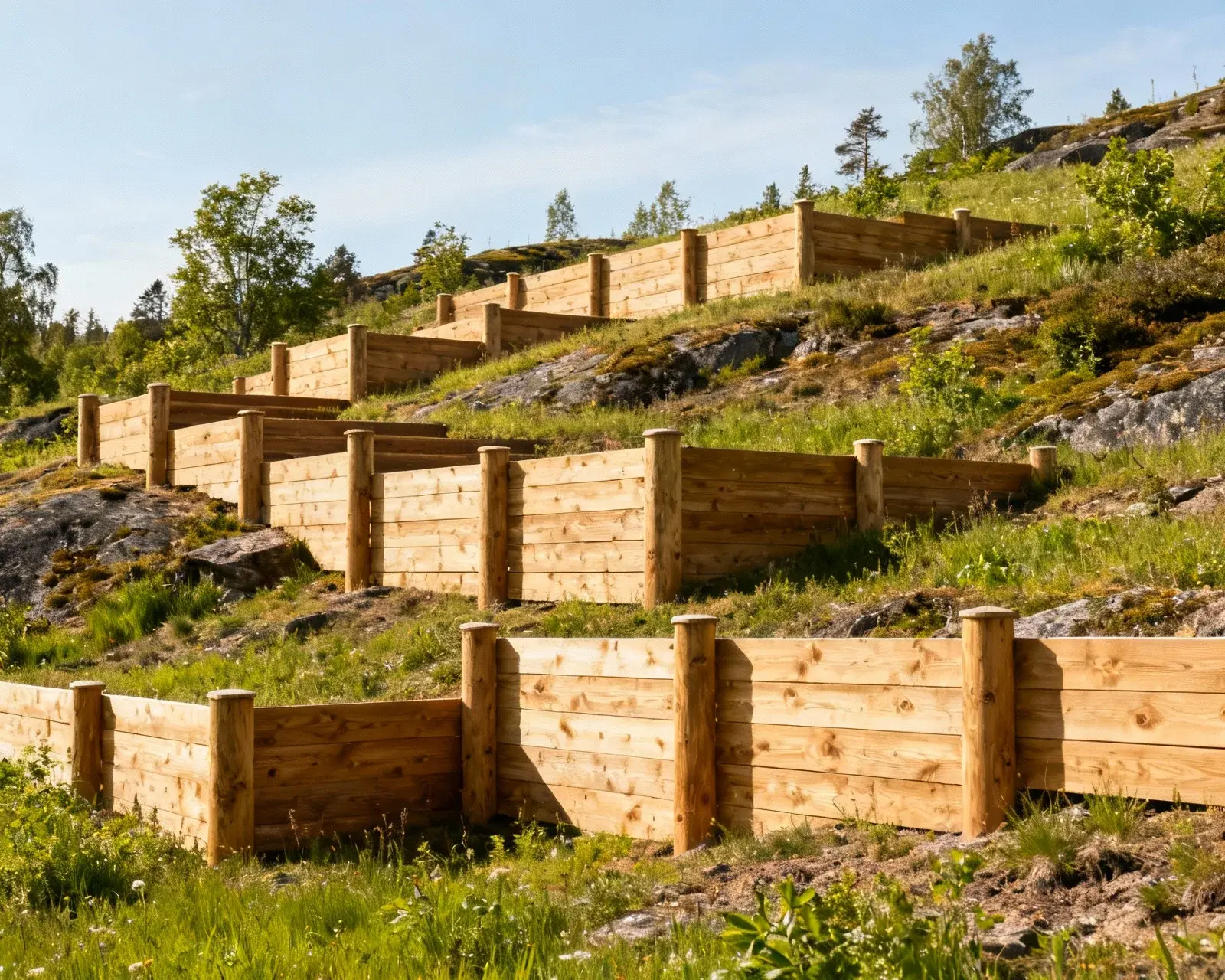 Staket byggt på kuperad och ojämn terräng
