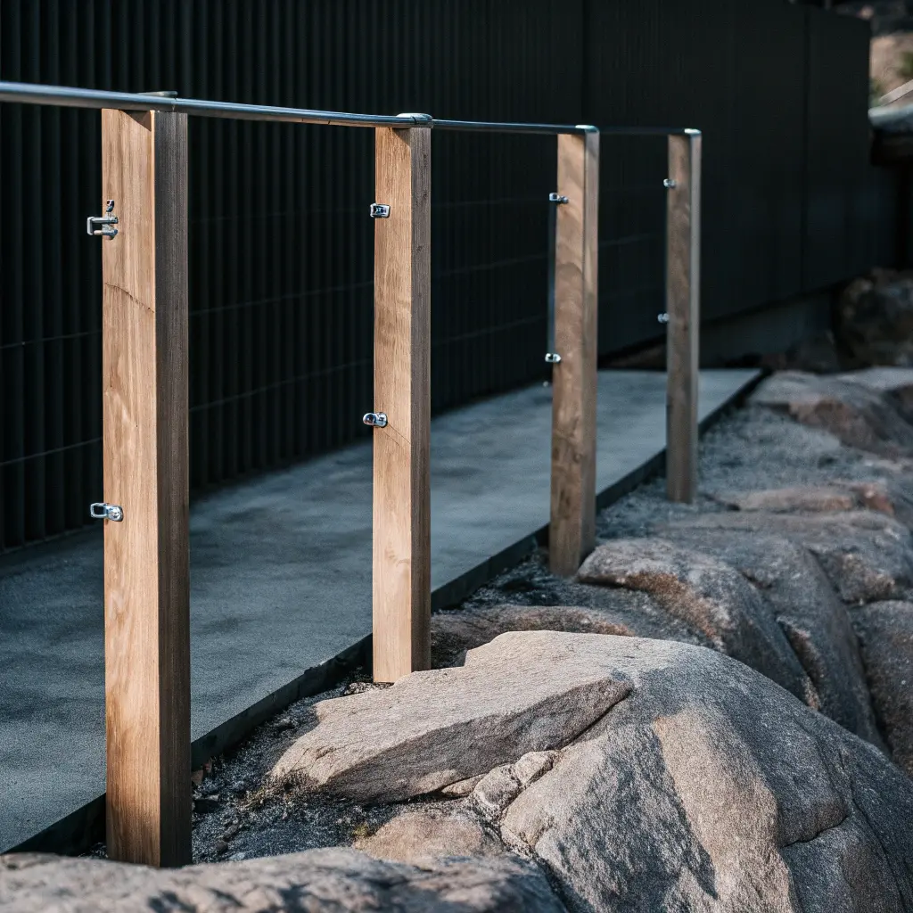 Stolpar monterade med stålbeslag på berggrund