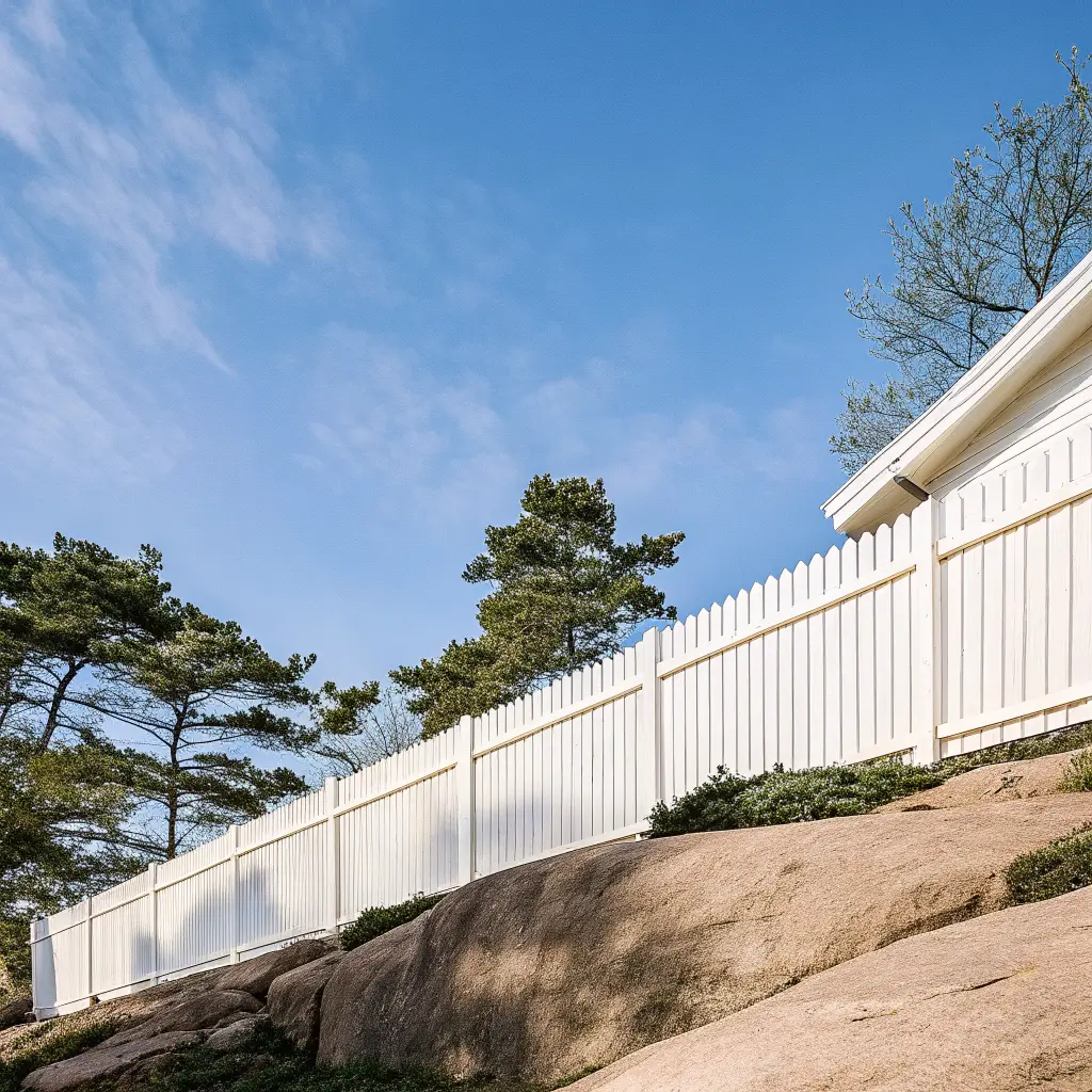 Färdigt trädgårdsstaket på berggrund