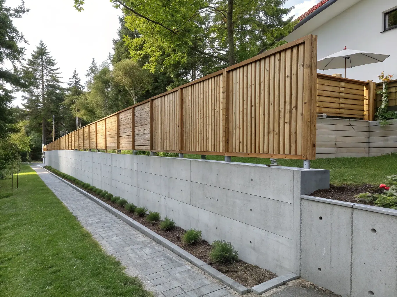 Modern trästaket på slät betongmur