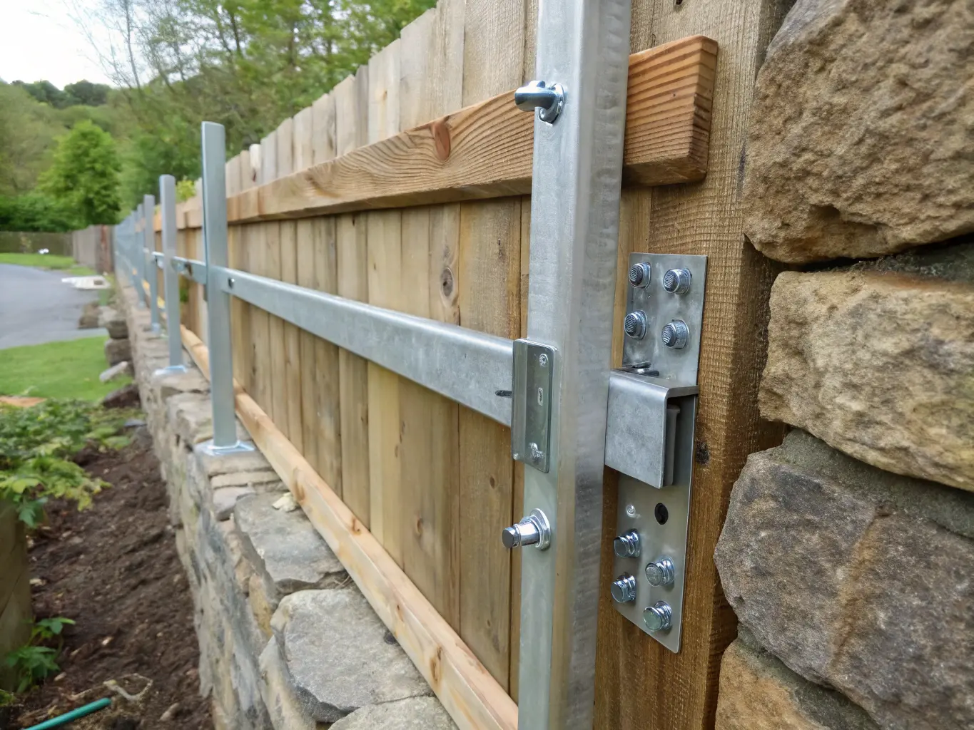 Detaljbild av staket fäst vid stenmur