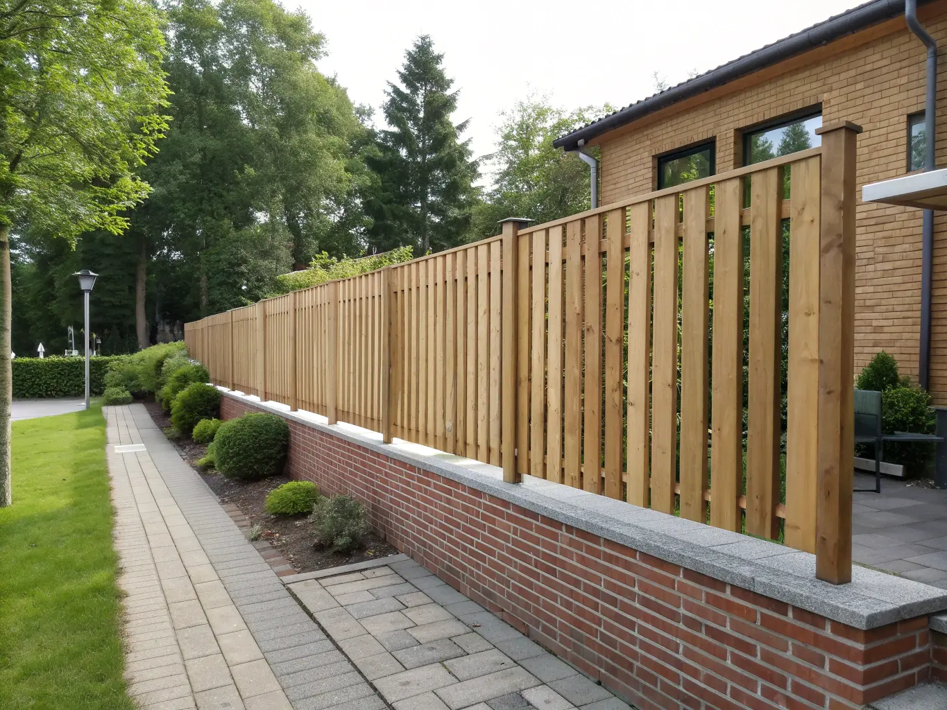 Trästängsel monterat ovanpå tegelmur i svensk trädgård