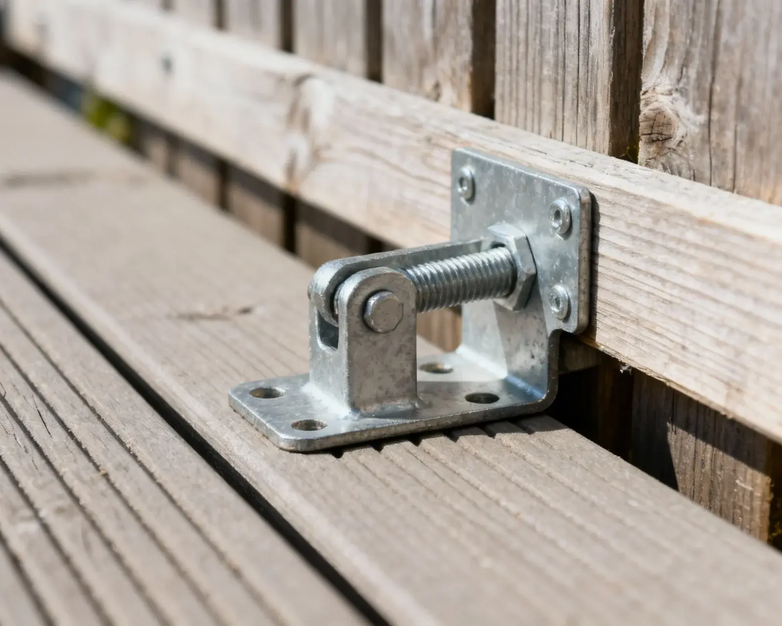 Detaljbild av staketstolpe fäst på trall med metallbeslag