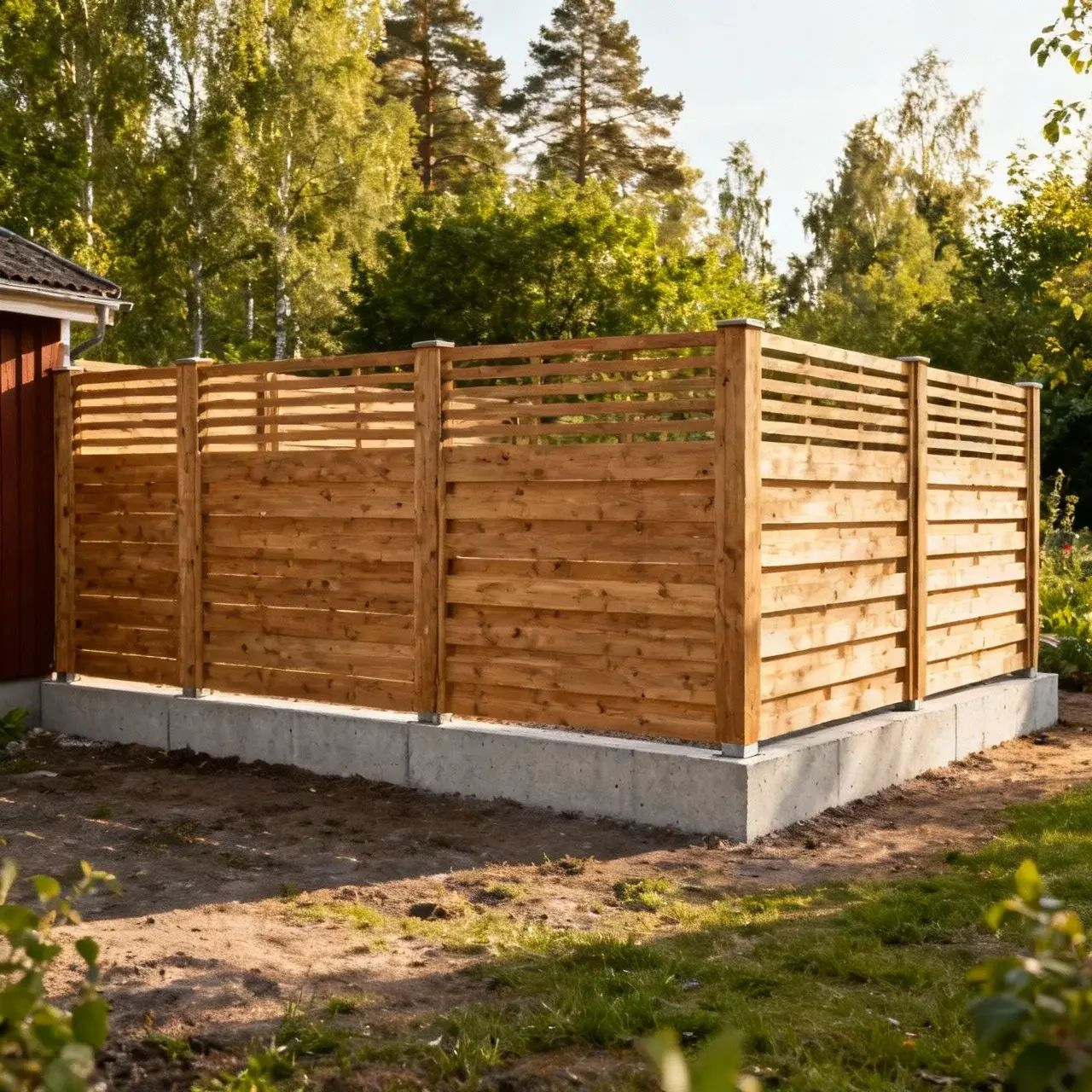 Färdigt staket på plintfundament i svensk trädgård