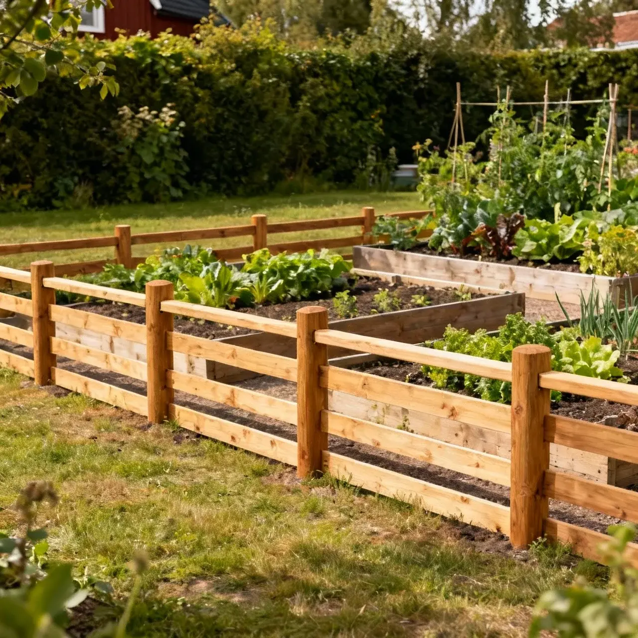 Lågt dekorativt staket runt grönsaksträdgård